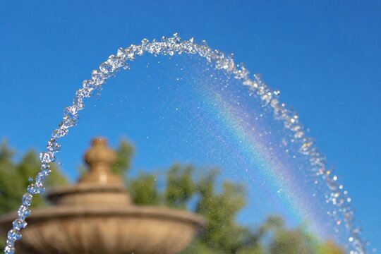 A fountain's water jet arching against a blue sky with sunlight creating glints.