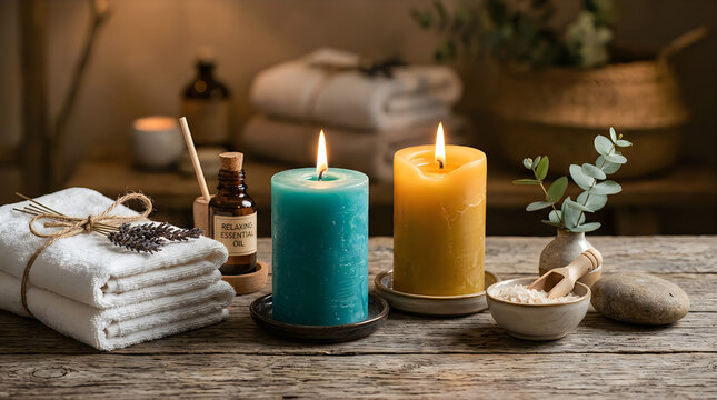 A serene spa setting featuring two glowing pillar candles white folded towels essential oils and fresh eucalyptus on a rustic table