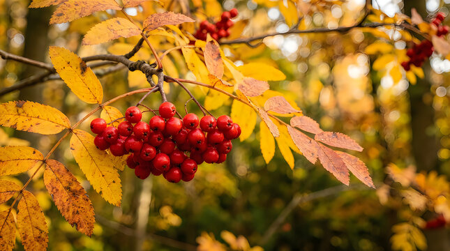 A close up view of a cluster of bright red rowan berries hanging from a tree branch with golden autumn leaves