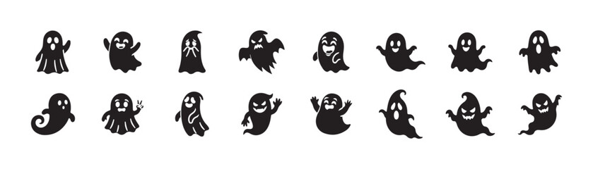 Fototapeta premium Halloween Ghosts Set – Cartoon Spooky Spirit and Haunted Character Icons, EPS 10