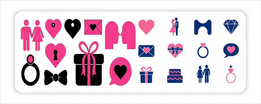 Love and Valentine Icons Set Pink Romantic Symbols Collection for Wedding Dating and Relationship Vector.