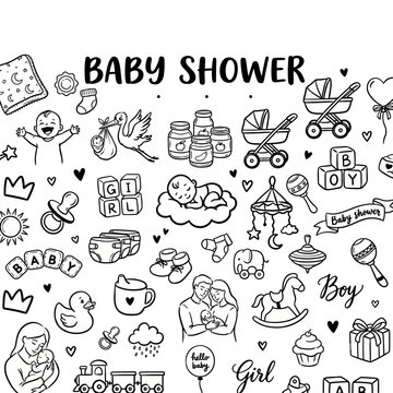 Baby shower celebration with 100 unique vector icons. Flat design essentials for invitations, decor, and party planning.