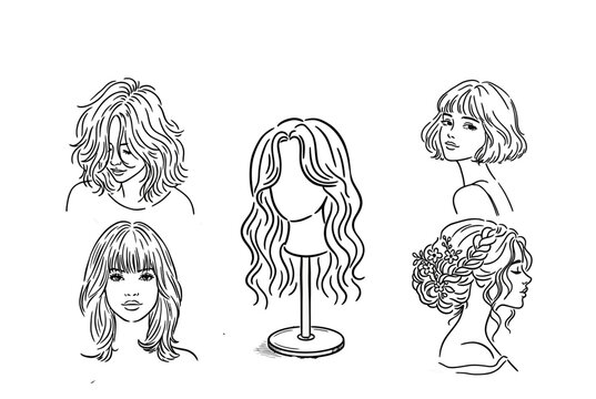 Hand-drawn hair style portfolio illustrations for salon and beauty branding. Vector sketches of diverse female hairstyles in elegant design collect...
