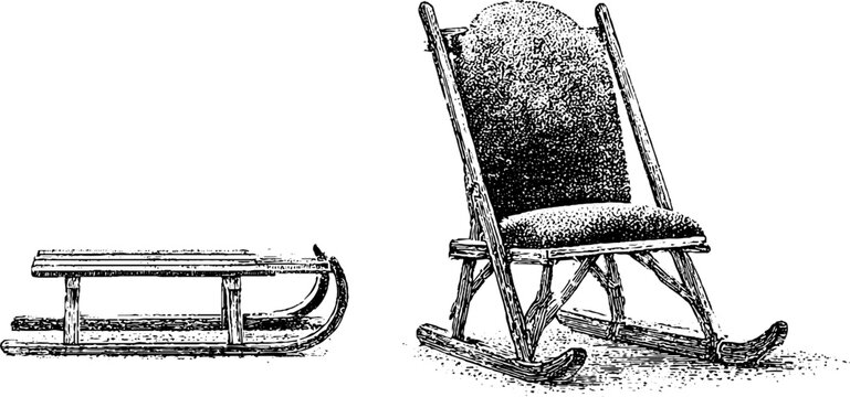 Vintage wooden sled and rocking sled stippled black and white drawing for winter background poster and holiday banner design
