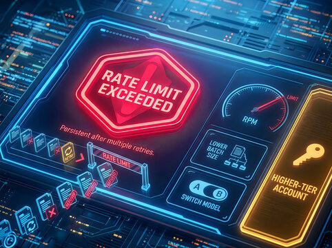 Rate limit exceeded warning on digital screen with lock icon and error symbols
