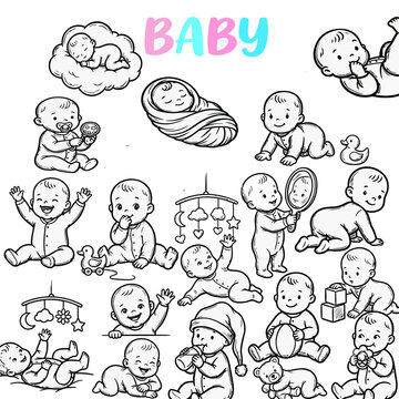 Hand-drawn baby sketches in playful poses. Cute newborn and toddler illustrations for commercial design projects.