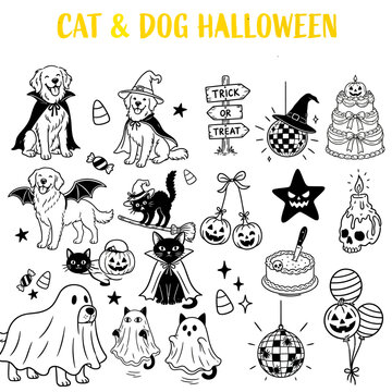 Halloween cat and dog illustrations in black and white. Spooky pet vector icons for festive designs and decorations.