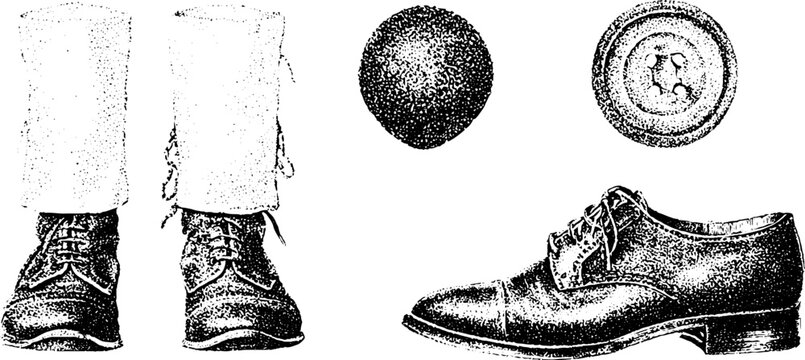 Set of vintage shoe spats and button leather oxford illustration in black and white stippling for retro label background and fashion design elements