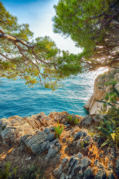 Amazing  sunset above Adriatic sea and coastline in Makarska.