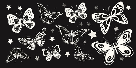 Butterflies And Stars Black And White Vector Illustration © krishna
