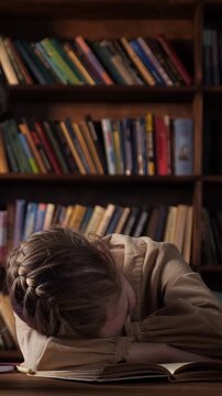 Young exhausted woman falling asleep while studying in a library or home office at night. Tired student feeling sleepy and taking a nap on her desk after long hours of reading a book