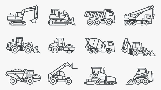 Minimalist Black and White Line Drawing Set of 12 Essential Construction Equipment Icons for Website Graphics