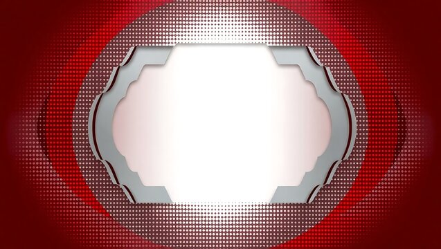 Generate a layered vector design using only silver and red, halftone transitions creating depth, with a large central space purposefully excluded from design elements
