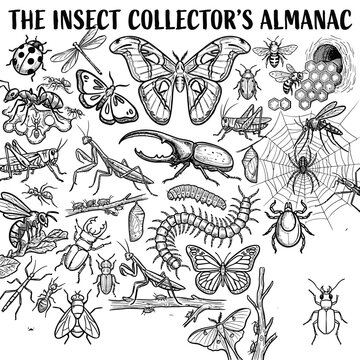 Vintage insect collection illustration with butterflies and beetles. Detailed entomology sketch set for educational and decorative use.
