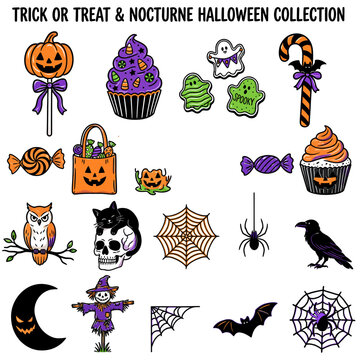 Halloween trick or treat vector illustrations with spooky characters and candy. Vibrant flat design icons for seasonal party decor and festive mark...