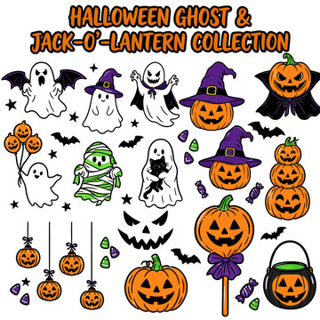 Halloween ghost and jack-o'-lantern vector set. Spooky cartoon characters for festive seasonal designs and decorations.