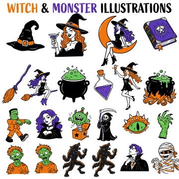 Halloween witch and monster illustrations set. Spooky fantasy creatures collection for seasonal design projects.
