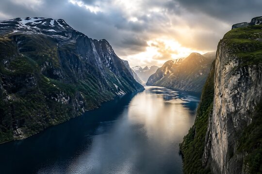 Dramatic Fjord Landscape with Sun Breaking Through Clouds Over a Serene Waterway.