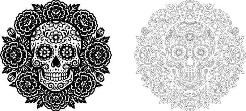 Detailed sugar skull with intricate floral lace design