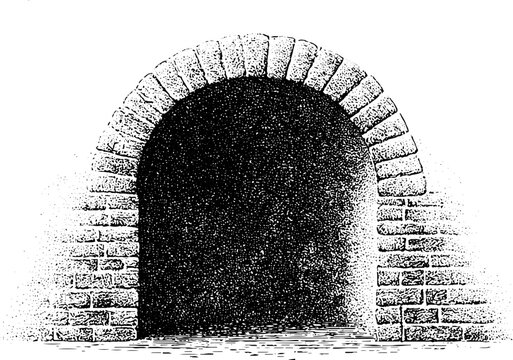 Black and white tudor stone arch with brick surround stippling texture for background and poster design