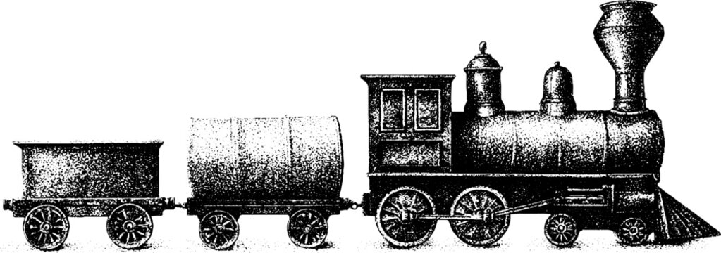 Vintage toy train locomotive and carriages black and white stipple drawing for children background and nostalgic poster design