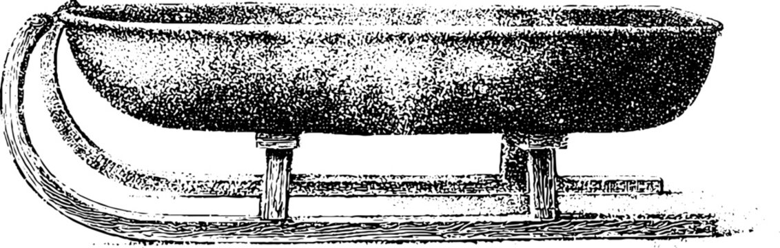 Vintage wooden toboggan with curved runners black and white stipple drawing for winter background and retro poster design