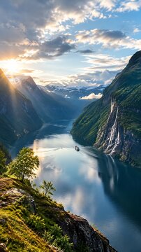Majestic Geirangerfjord in Norway bathed in the golden light of sunrise, with dramatic cliffs and a serene boat on the water.
