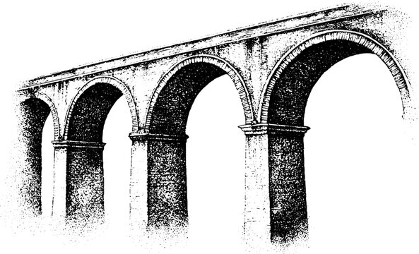Black and white stippling viaduct with brick arches and pillars for architectural background and poster design