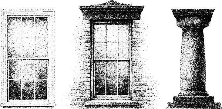 Three black halftone victorian architectural elements showing sash window decorative lintel and classical column on brick facade for vintage design background