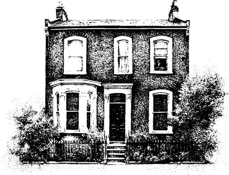Black halftone victorian terraced house with bay window iron railings brick facade and central doorway for historic street background and heritage design