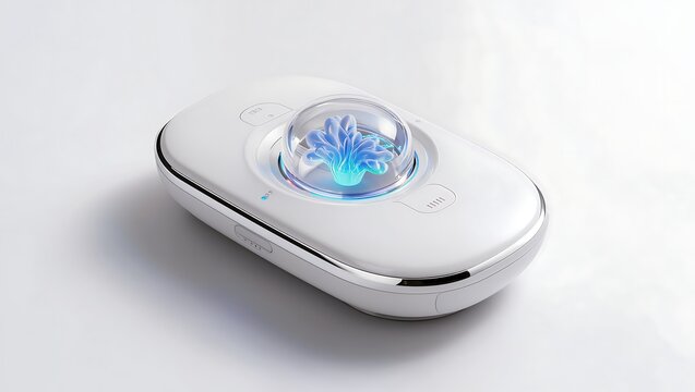Futuristic mood regulation device with a glowing neon blue crystal sphere. Smart home wellness gadget or biohacking tech, 3D render.
