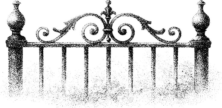 Wrought iron railing section with central scroll motif and finials in black and white for vintage background and decorative architectural design