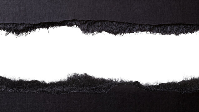 Isolated dark grunge textured torn fabric elements with rough distressed ragged edges.