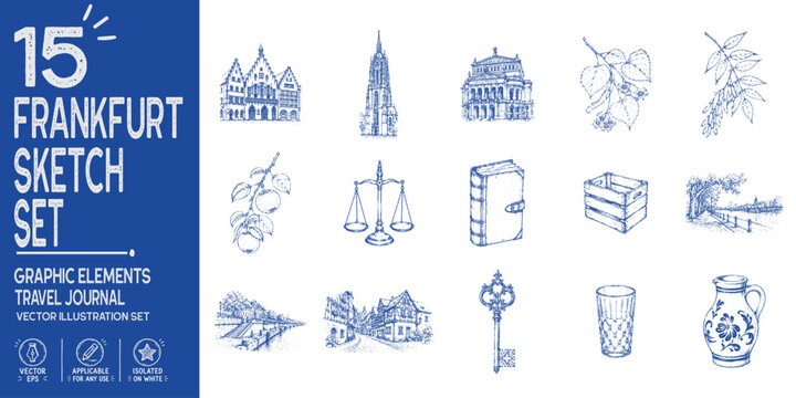 Frankfurt travel journal collection. Hand drawn Imperial merchant heritage elements. R&ouml;mer, Frankfurt Cathedral, Bembel cider jug, merchant balance scale, Main River promenade