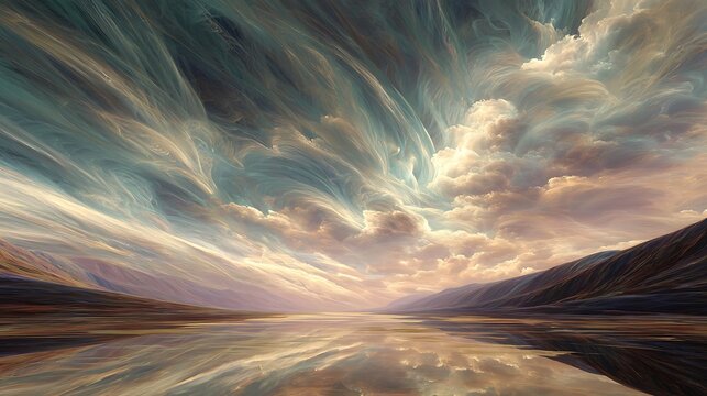 Surreal ethereal horizon featuring swirling nebulous clouds over a calm reflective vast landscape expanse with nebula clouds fill sky above calm