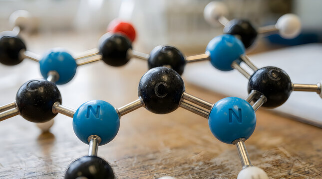 A detailed close up view of a colorful plastic molecular model structure sitting on a wooden desk in a laboratory