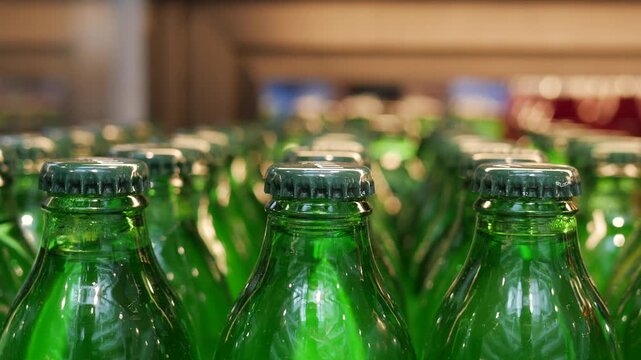 Rows of green glass bottles with metal caps in refrigerator, refreshing drinks