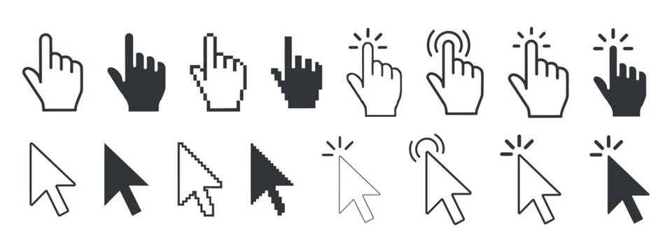 Pointing hand And Cursor Icons Collection Flat Black Pictograms On Transparent Surface hand pointer