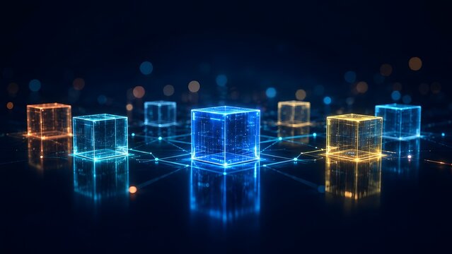 Glowing digital blockchain cubes connected on futuristic network grid representing decentralized data storage and quantum computing.