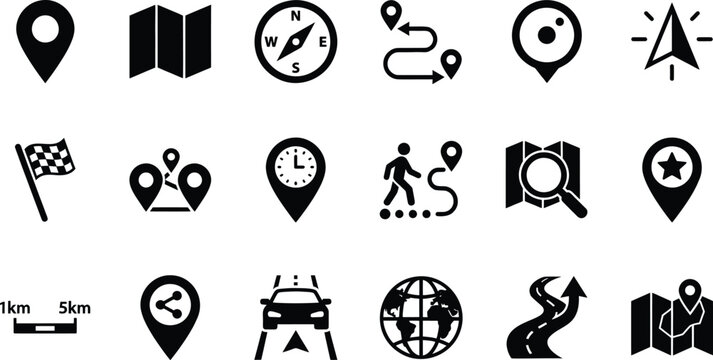 Navigation and map icons set, 18 black location pin symbols, GPS tracking and travel route signs, flat vector elements for mobile apps