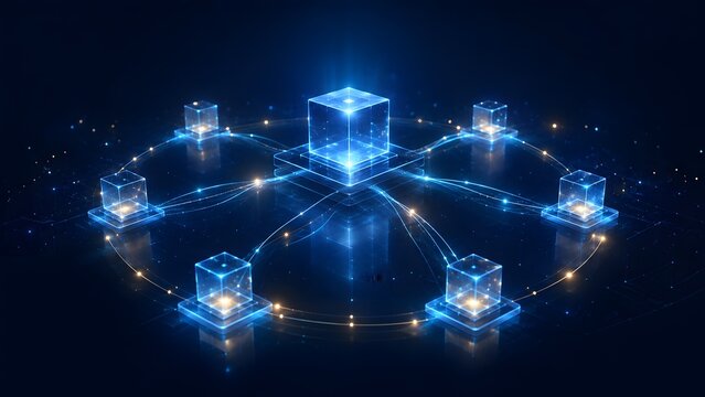 Central digital data cube connected to peripheral nodes on futuristic circuit grid representing decentralized blockchain network storage.