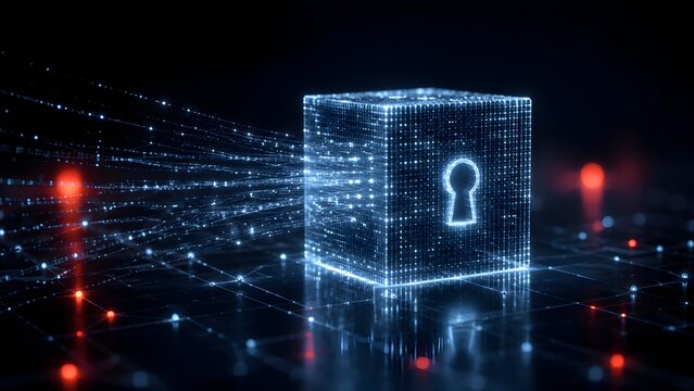Futuristic glowing digital cube with padlock icon emitting data streams representing high speed secure network encryption.