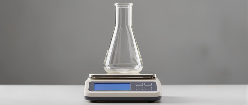 Clear laboratory scene with glass flask on digital scale showing pharmaceutical research focus