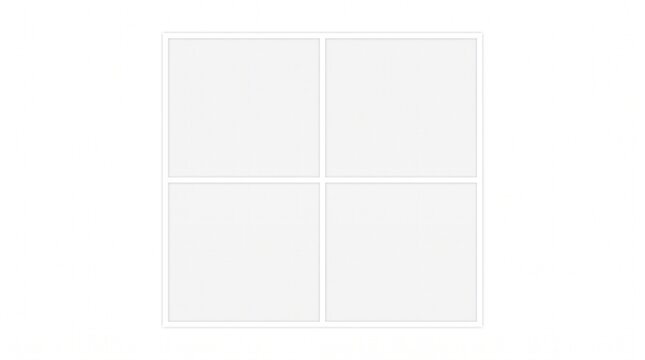 Minimalist white grid layout with four square frames, clean architectural window pane aesthetic, blank geometric template for moodboards and photography