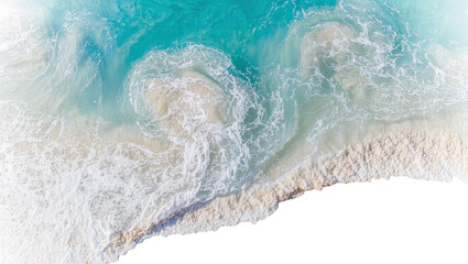 Obraz premium Isolated stunning aerial view of ocean waves and textured beach in a vibrant tropical setting.