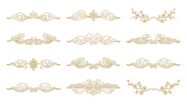 Traditional Chinese gold border collection, 12 elegant oriental cloud and floral dividers, luxury golden asian decorative ornaments for invitation design isolated PNG with Transparent Background