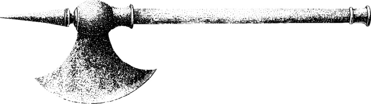Bardiche poleaxe with heavy crescent blade and socket mounting on a long haft for historical weapon reference or museum background image