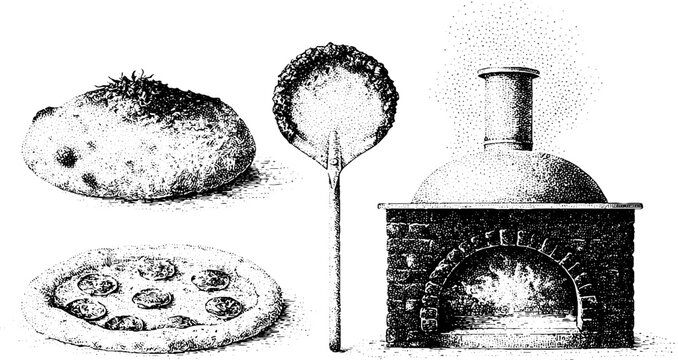 Assorted rustic bread and pizza with wooden peel and domed brick oven for bakery background and menu poster design