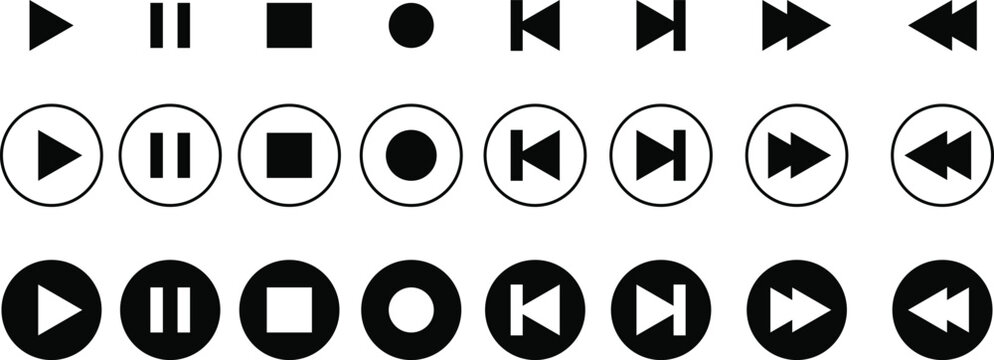 Media Control Icon Set. Play, Pause, Stop, Record, Fast Forward, and Rewind Buttons for Audio Video symbols.