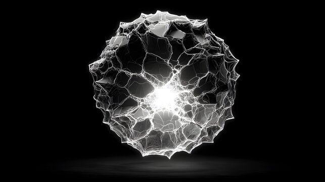 Glowing shattered sphere with voronoi pattern on black background with depicts glowing visualization technology futuristic structure abstract